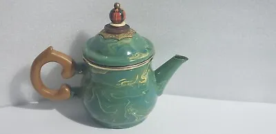 Mackenzie Childs Green Enamel Teapot Wood Handle • $45