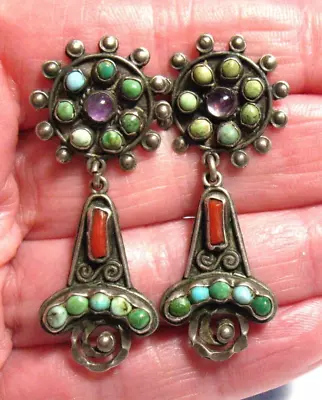 Sterling Silver Coral Turquoise Amethyst Earrings Pierced Vintage Mexico 6.3 Gms • $150