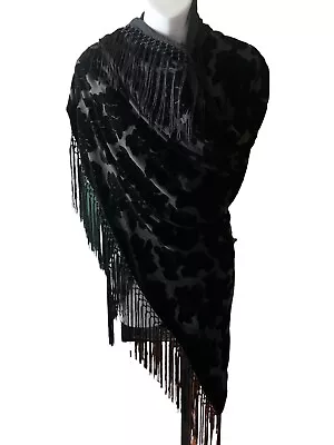 Oscar De La Renta Black Fringe Victorian Shawl Wrap Velvet Burnout • $29.99