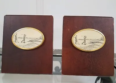 VTG. PAIR OF BARSTOW SCRIMSHAW WOOD BOOKENDS W/GOLF DEPICTION Golphing  • $34.99