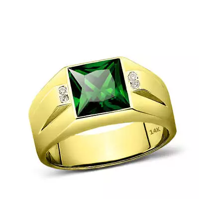 14K Real Yellow Gold Green Emerald Ring For Men 4 Natural Diamond Accents • $874