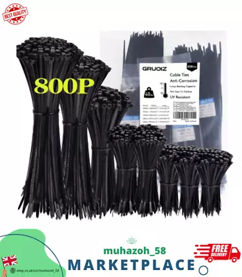 800 Pack Cable Ties Assorted Sizes 3.6mm X 150/200/250/300mm Black Cable Ties& • £11.99