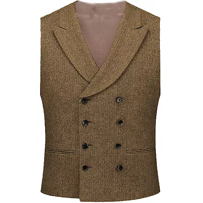 Men Double-Breasted Tweed Vest Wool Herringbone Vintage Casual Vest Large XL 2XL • $29.69
