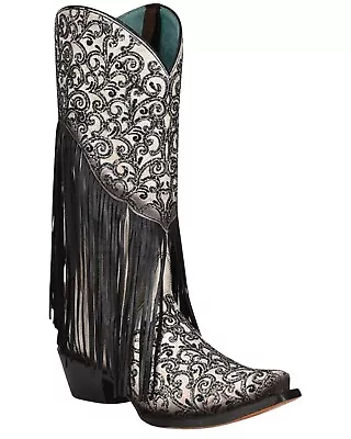 Corral Ladies C3877 Black & White Glitter Overlay Fringed Western Boot Size 8.5M • $199.99