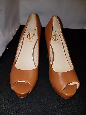 LN Women's 7.5M /37.5 VC SIGNATURE BROWN LEA  PEEP TOE 4  STILETTO HEELS PUMP    • $22.99