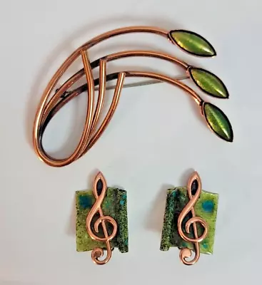 P ~ Renoir Matisse Copper & Green Multi Enamel Brooch & Treble Clef Earring Set • $99.99