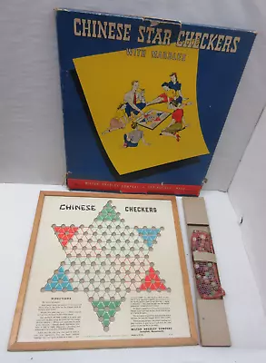 Vintage Milton Bradley Chinese Star Checkers Wood Frame Set With Marbles In Box • $22.95