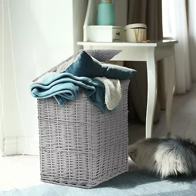 Grey Paint Laundry Wicker Basket Cotton Lining With Lid Bathroom Storage • £25.99