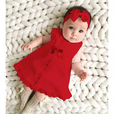 Newborn Infant Baby Girl Solid Lace Short Sleeve Dress Bow Headband Set Clothes • £7.49