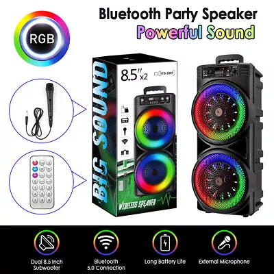 Dual 8.5  Portable Bluetooth Speaker Subwoofer Bass Stereo Party Karaoke Mic FM • £40.84