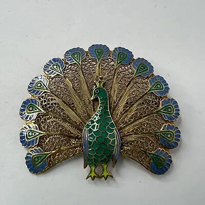 Vintage Brass Peacock Bird Brooch Pin Enamel 1.75” X 2” • $17.50