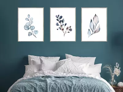 Set Of 3 Botanical Watercolor Blue Leaves Wall Art Home Decor • £56.01