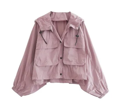 $42 • Buy ZARA Fandy Lokar Safari Style Loose Hooded Pink Elegant Pockets Short Jackets S