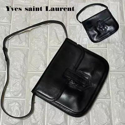 Saint Laurent Vintage Black Leather Strap Shoulder Bag Size 9.1 Inch Authentic • $190