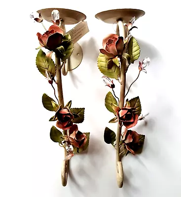Pair Of Floral Wall Sconce Candle Holders Shabby Rose Vine Pink Cream Metal READ • £36.68