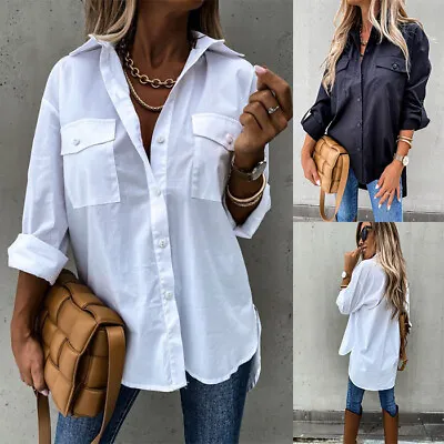 £9.99 • Buy Women Baggy Shirt Button Up Long Sleeve Ladies Casual Loose Plain Blouse Tops