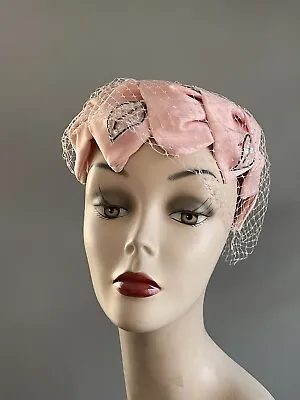 Vintage 1950s Cocoanut Grove PInk Sequined Fancy Pillbox Hat Birdcage Veil • $35