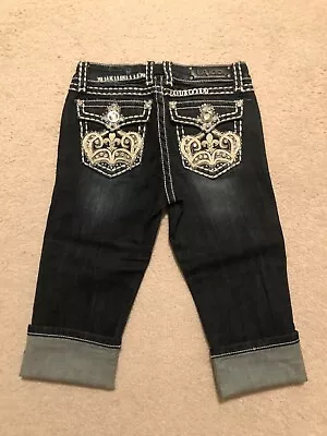 L.A. IDOL Kids Girls Denim Crown Rhinestone Pockets Capri Jeans Size 12 • $39.99