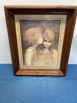 Vintage Margaret Kane  A Little Kiss  Big Eyes Wood Framed Print Art 17  X 20” • $55