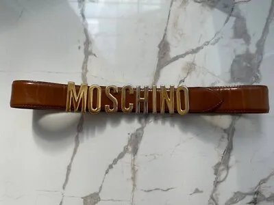 Authentic Vintage Moschino Redwall Belt Women Brown Leather Gold Letters Size 44 • $109.65