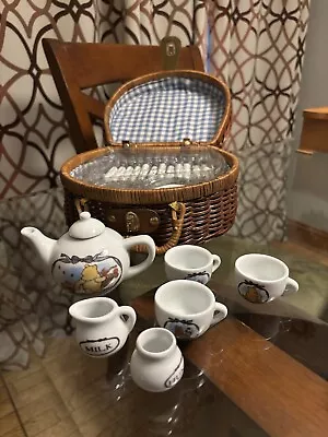 Vintage Disney Schylling Winnie Pooh Miniature Tea Set In Picnic Basket FLAW • $80