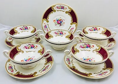 Myott - Flower Bouquet Burgundy - 5 X Soup Bowls And Saucers • £21.86