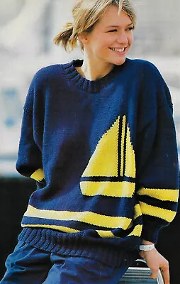 KNITTING PATTERN Ladies Boat Intarsia Motif Sweater Jumper Cotton DK 34 - 40  • £2.15