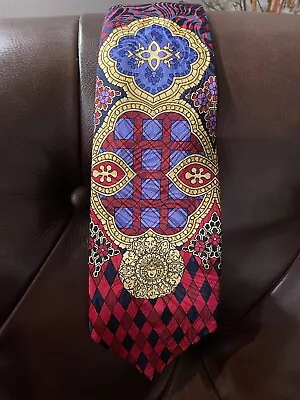 GIANNI VERSACE 90s Baroque Medusa Silk Neck Tie Gold Red Geometric Made In SPAIN • $149.85