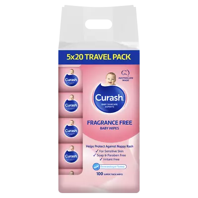 Curash Baby Wipes Fragrance Free 5 X 20 Value Packs Protect Against Nappy Rash • $17.09