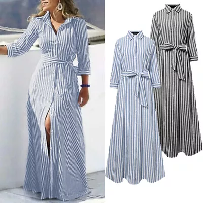 UK Womens Striped Printed Long Shirt Dress Slim Belt A-Line Maxi Dresses Belted • £15.69