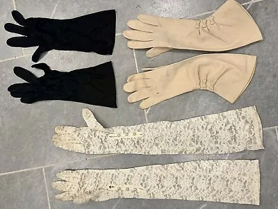 Ladies Vintage Leather Gloves Lot Of 3 Pair Black Brown & White Lace With Pearl • $6.99