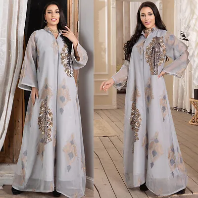 Fashion Sequins Muslim Long Dress Women Moroccan Kaftan Abaya Islamic Robe Gown • $51.97