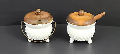 Fenton Hobnail Milkglass Mustard Pot Kettles W/ Wooden Lids • $35