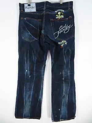 Ed Hardy Jeans - Blue Distressed - Embroidered - Wide Leg - Size W34 L 32 • £35.99