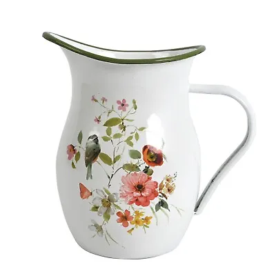 White Enamel Pitcher With Wide Handle Water Jug Pitcher Vase For Flower Kitchen • $32.99