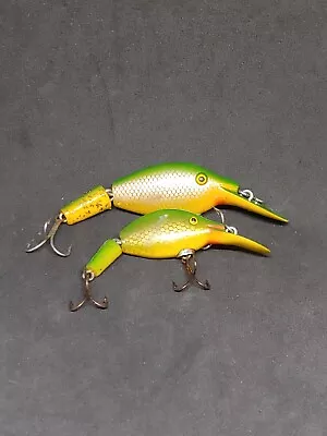 2 Vintage Plastic Jointed Green/yellow Fishing Lure - UNMARKED • $30
