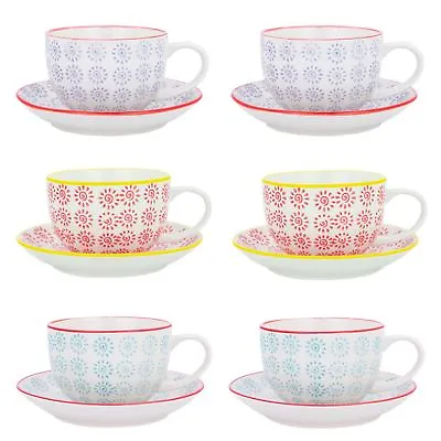 12 Piece Hand-Printed Cappuccino Cup & Saucer Set Tea Coffee Cups 14cm • £24