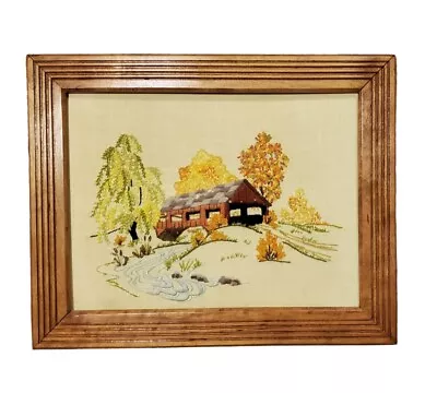 Vintage Crewel Embroidered Covered Bridge Countryside Landscape Picture Framed • $49.99