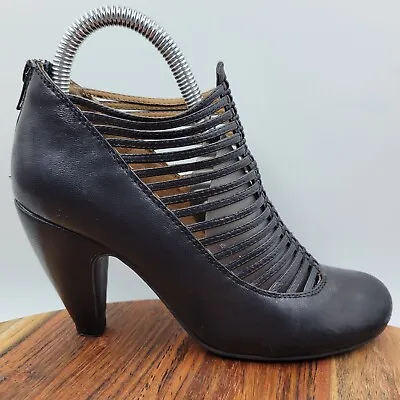 Miz Mooz Sloane Ankle Boots Women's 6 Black Leather Strappy Retro Pump Heels • $24.99