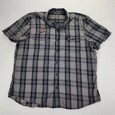 Harley Davidson Shirt Men 2XL Mechanic Biker Embroidered Plaid Slim Short Sleeve • $23.70