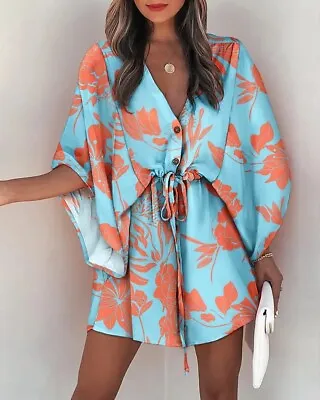 Women Sexy Boho Floral Mini Dress Ladies Summer Holiday Beach V Neck Sundress • £12.19