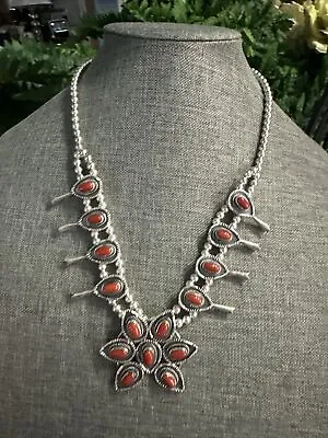 Large Southwest Mediterranean Coral Sterling Squash Necklace 96 Grams • $310