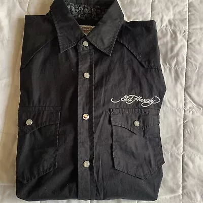 Ed Hardy Christian Audigier Dress Shirt Men Sz M Black Pearl Snap Long Sleeve • $59.99