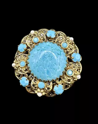 Vtg West Germany Filigree Turquoise Blue Art Glass Cabochon & Faux Pearl Brooch • $79