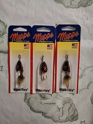 3 Pk Mepps BF1 FL Black Fury In-Line Spinner 1/8 Oz Plain Treble Hook • $17