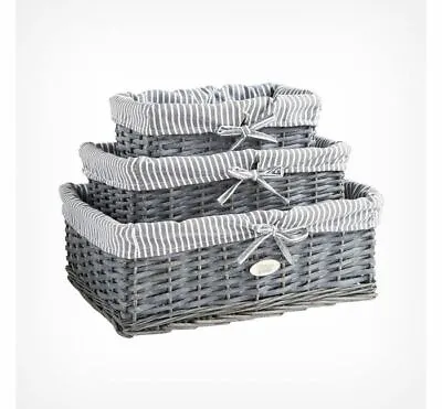 £14.99 • Buy Set Of 3 100% Wicker Storage Baskets With Removable Striped Lining