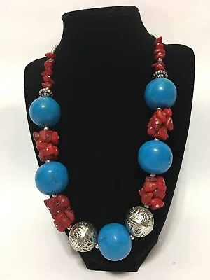 Moroccan Hand Crafted Blue And Silver Large Beads Artisan Necklace 25  • $47.56