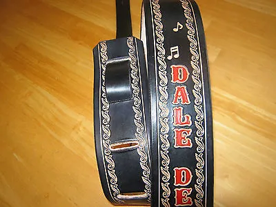 Custom Leather Guitar Strap With Your Name/ Music Notes 2 1/2  Black Red Letters • $75