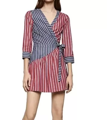 BCBG Generation 100% Crisp Cotton Striped Wrap Flutter Dress Sz M Red Navy Blue • $29.99