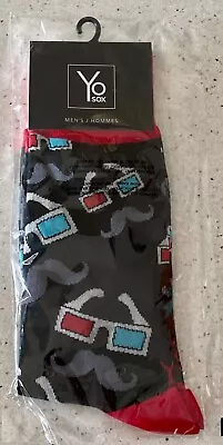 Yo Sox Mustache 3D Glasses Mens Premium Crew Socks Size 7 - 12 Cotton Blend NEW • $8